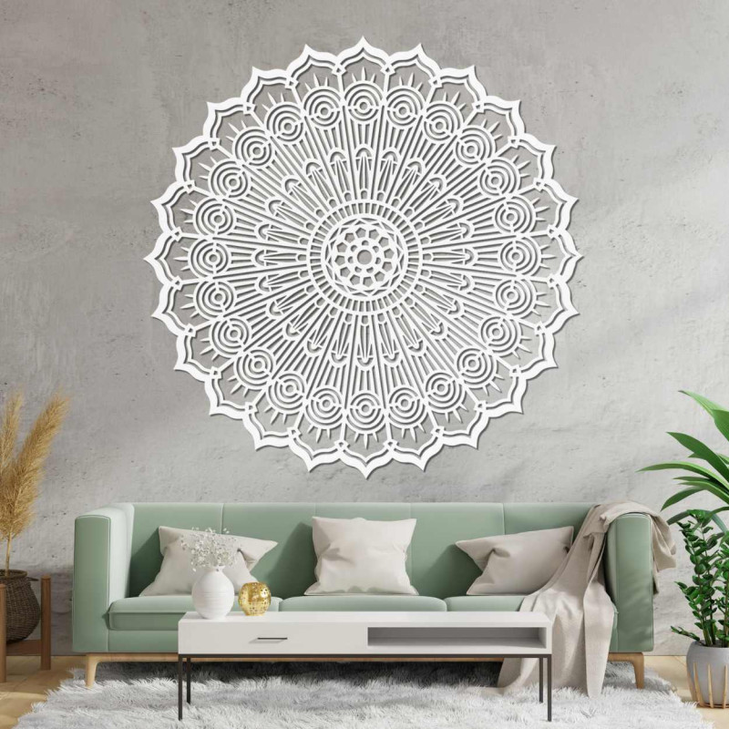 Lézerrel vágott, fából készült kör alakú mandala festmény. Precíz geometrikus fali dekoráció, barna színben.