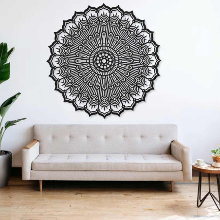 Lézerrel vágott, fából készült kör alakú mandala festmény. Precíz geometrikus fali dekoráció, barna színben.