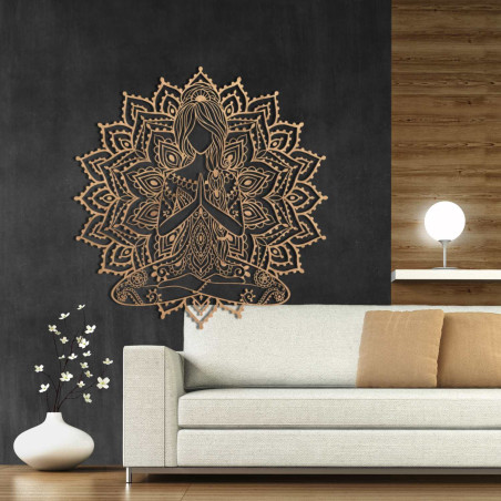 Designer fa mandala jóga motívummal - 3D faldekoráció a nappaliba harmonikus hatással.