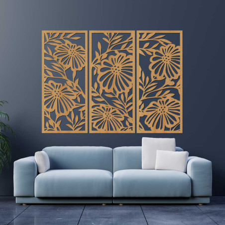 Modern, háromrészes festmény virágmintával - stílusos kiegészítője a nappalinak.