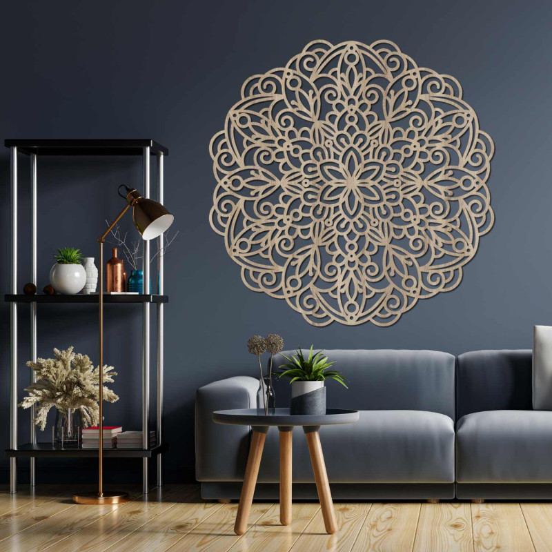 Egy modern, fából készült mandala otthonos és harmonikus hangulatot teremt otthonodban.