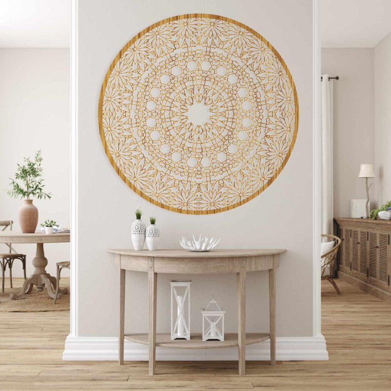 Modern kör alakú, fából készült mandala festmény a nappaliba