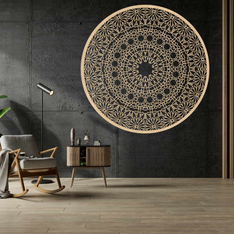 Fából készült mandala a falon egy harmonikus és hangulatos otthonért