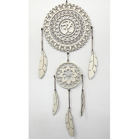 Spirituális álomfogó OM, fa fali dekoráció, nyárfa rétegelt lemezből készült tollak, bohém stílus.