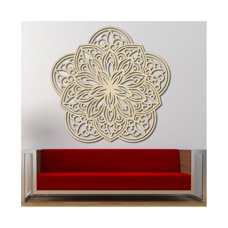 Flower carved mandala wooden picture on plywood wall